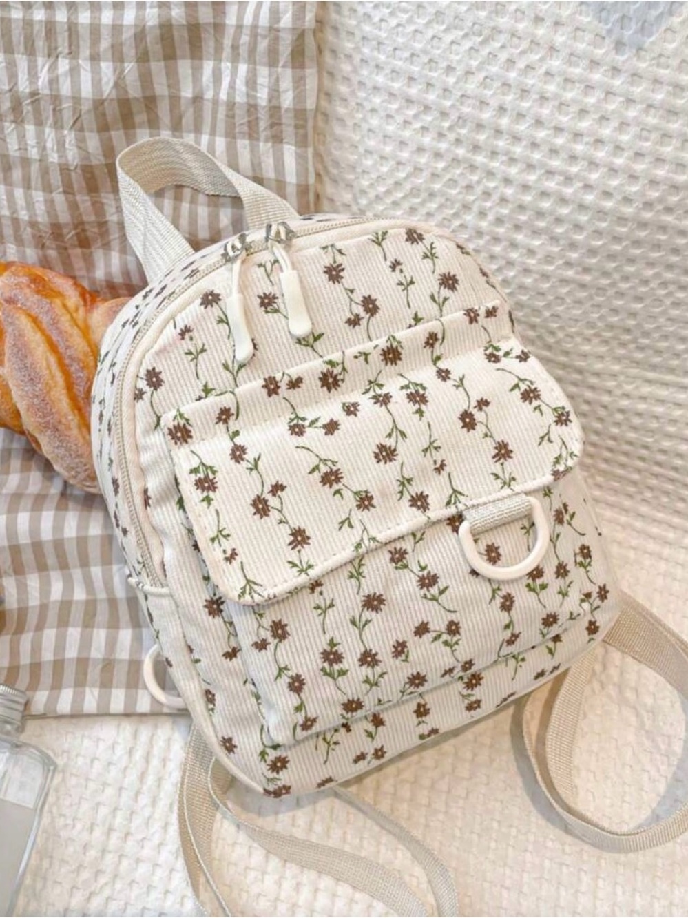 Mini Cream Floral Backpack with Front Pocket